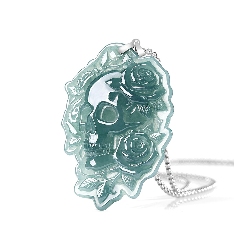 Vintage Women Fashion - Natural Burmese Jadeite Skull Pendant Necklace