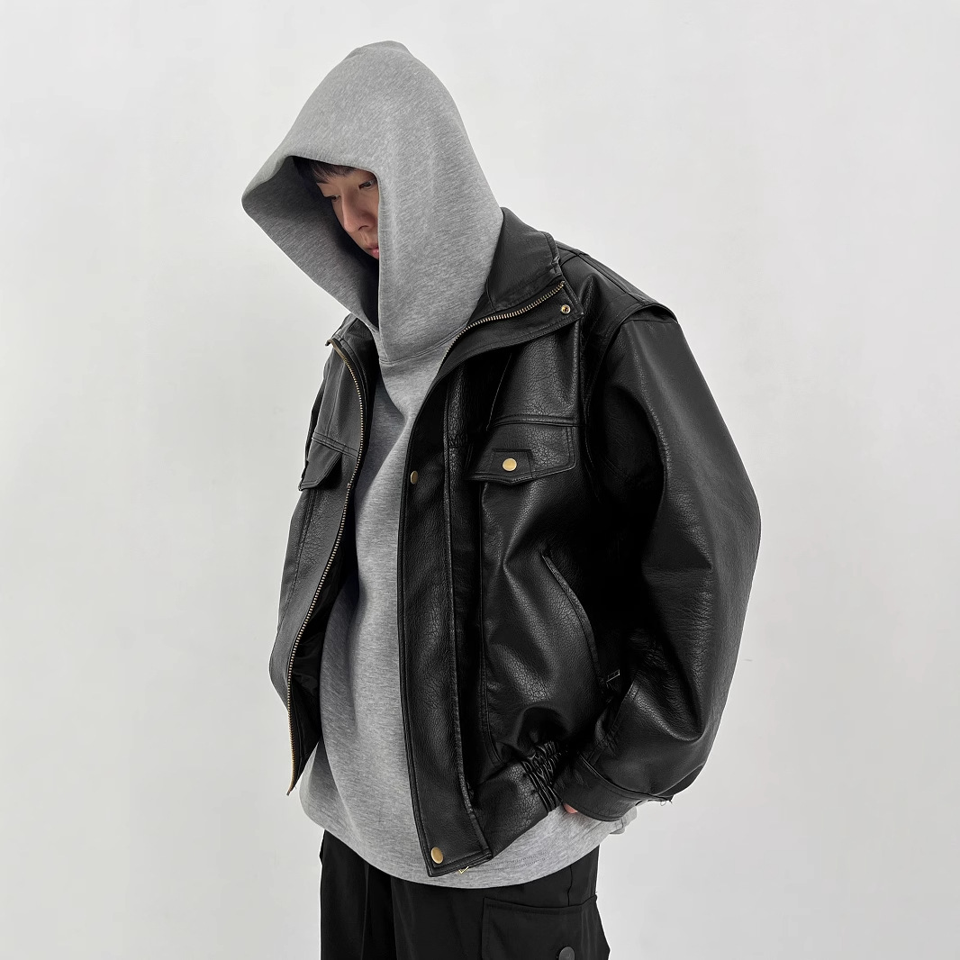Pu Leather Men's Thickened Bik - Vintage Windbreaker Nylon 评论和价格